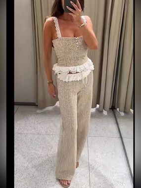 Zara NWT 2 piece SET textured embroidered Beige Ruffle Trim top & pants